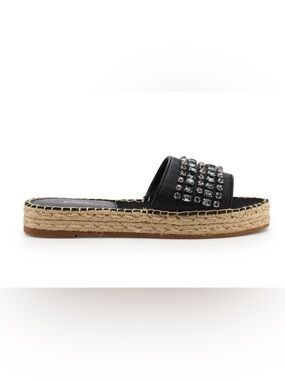 NEW Botkier Julie Black Leather & Rhinestone Espadrille Slide Sandal 8.5